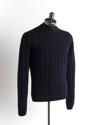 Filippo De Laurentiis Navy Washed Wool Cable Knit Crewneck Sweater