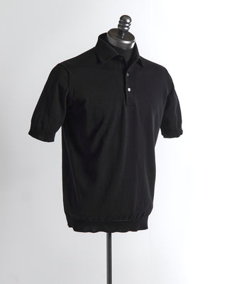 Filippo De Laurentiis Standup Collar Black Crepe Cotton Polo Shirt