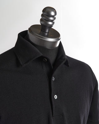 Filippo De Laurentiis Standup Collar Black Crepe Cotton Polo