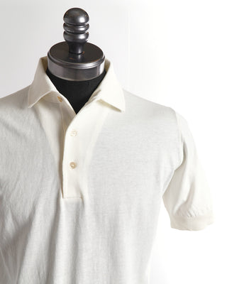 Filippo De Laurentiis Standup Collar Off White Crepe Cotton Polo Shirt 