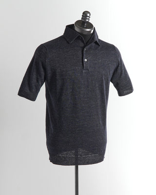 Filippo De Laurentiis Standup Collar Navy Linen Cotton Polo Shirt 