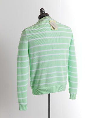 Filippo De Laurentiis Lightweight Mint Green Giza Cotton Striped Crewneck Sweater