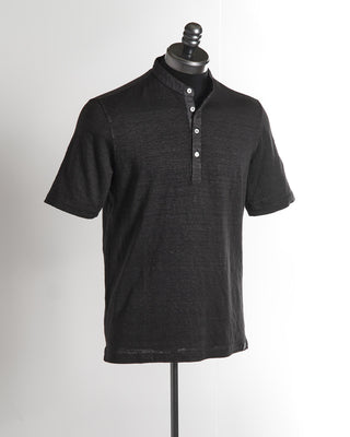 Gran Sasso Stretch Black Linen Henley Short Sleeve T-Shirt