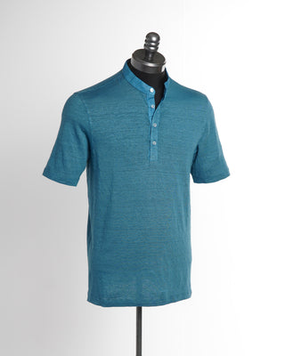 Gran Sasso Teal Stretch Linen Henley Short Sleeve T-Shirt