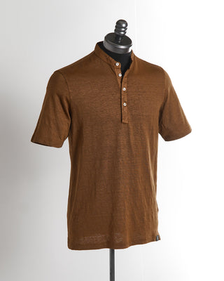 Gran Sasso Tobacco Stretch Linen Henley Short Sleeve T-Shirt	