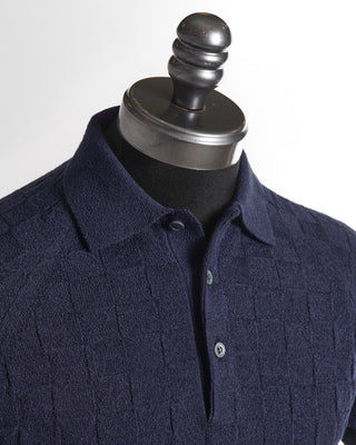 Gran Sasso Navy Blue Terry Towel Checkered Polo Shirt
