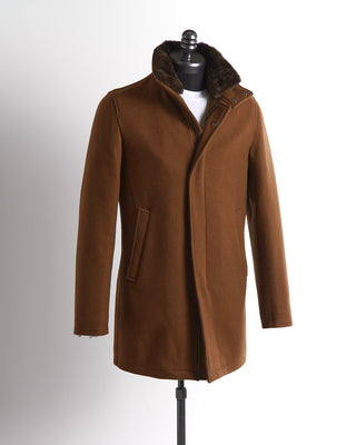Herno-Tech' Cognac Brown Melton Wool Beaver Collar Coat