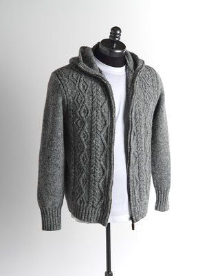 Inis Meáin Grey Wool Donegal Classic Aran Cable Hoodie