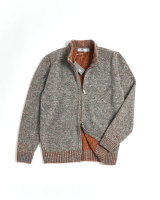 Inis Meáin Grey Orange Wool Cashmere Chevron Zipper Sweater