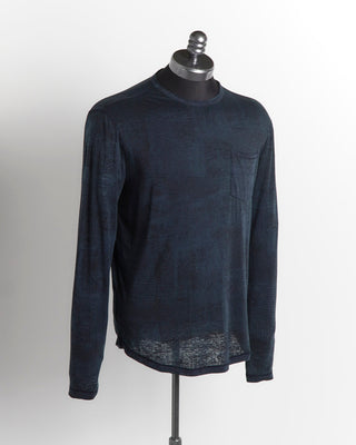 John Varvatos Blue Black Printed Crewneck Burnout LS T-Shirt