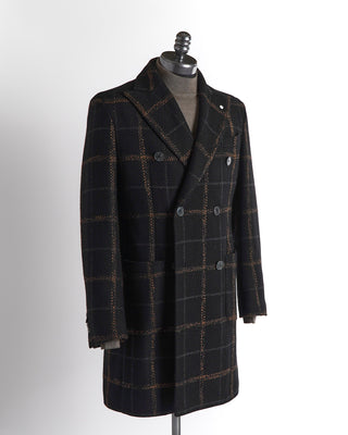 L.B.M. 1911 Black Double Breasted Macro Check Overcoat