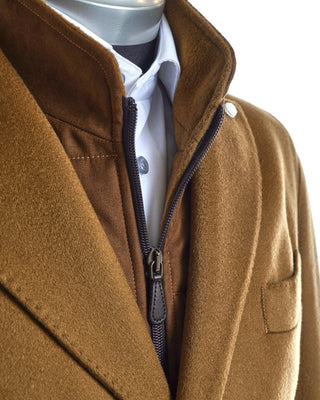 Luigi Bianchi Mantova Camel Wool & Cashmere 'Thermo' Hybrid Overcoat Detail Shot