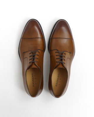 Magnanni 'Harlan' Tobacco Brown Leather Blucher Cap Toe Dress Shoes with Rubber Soles