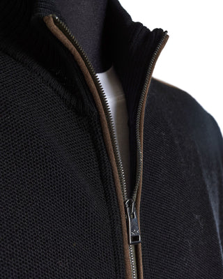 Paul & Shark Black Cool Touch Wool Suede Detail Full Zip Sweater CArdigan