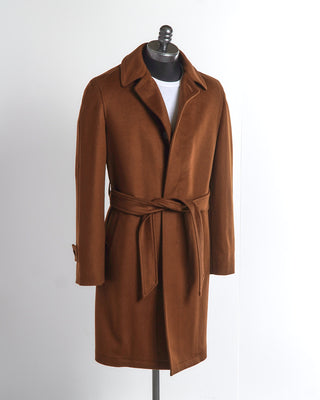 Tagliatore Solid Brown Wool Belted Topcoat with Raglan Sleeves