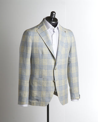 Tagliatore Soft Ivory & Light Blue Overcheck Linen & Wool Sport Jacket 