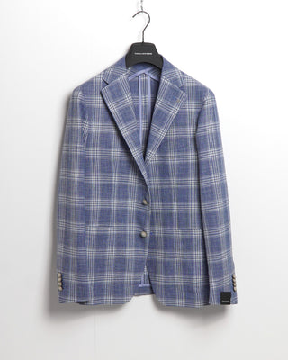 Tagliatore Wool Silk & Cotton Blue Checked Hopsack Sport Jacket Hanging